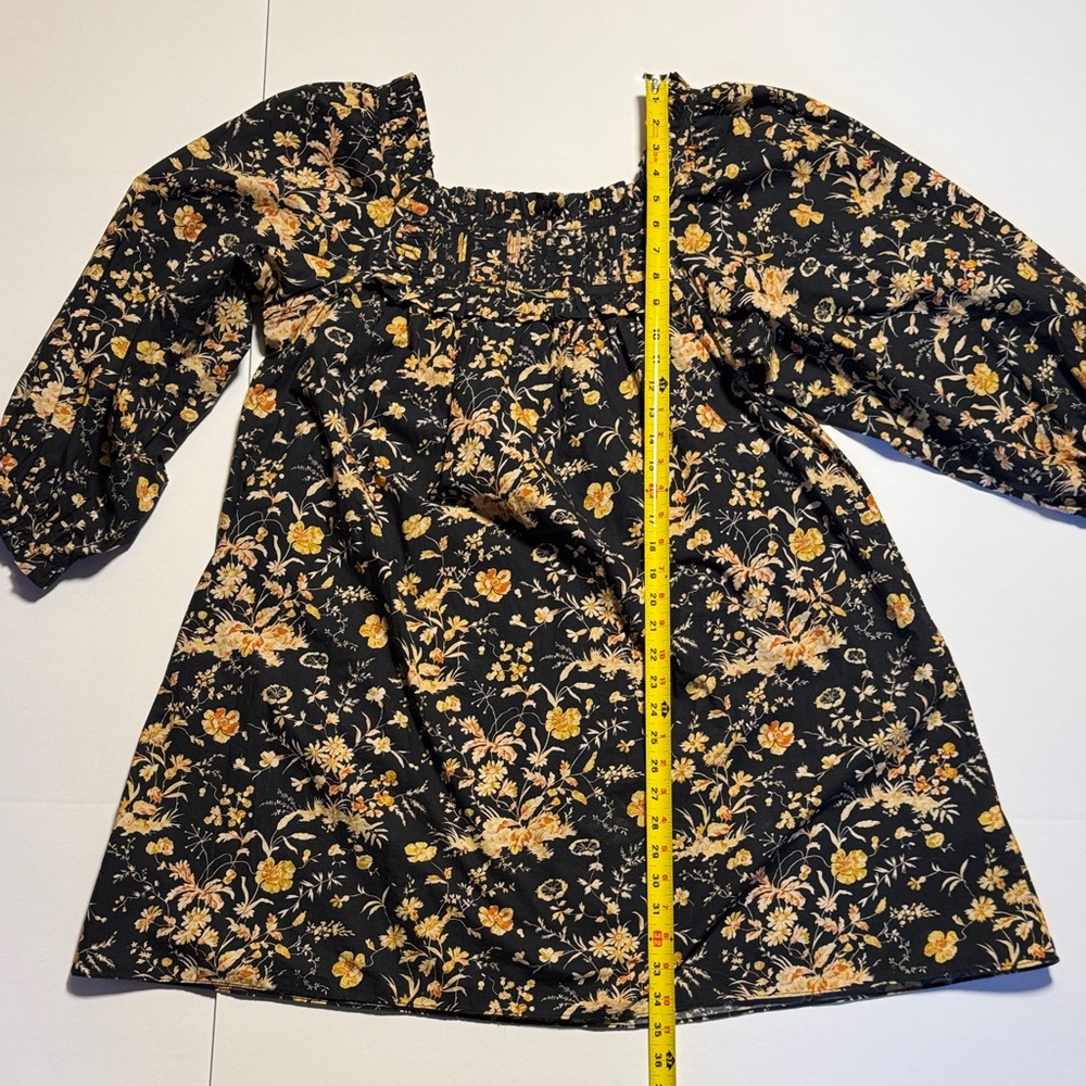 DÔEN Acton Baby Doll Mini Dress Navy Oaks Bluffs Floral Smocked Square Neck L - Picture 10 of 12
